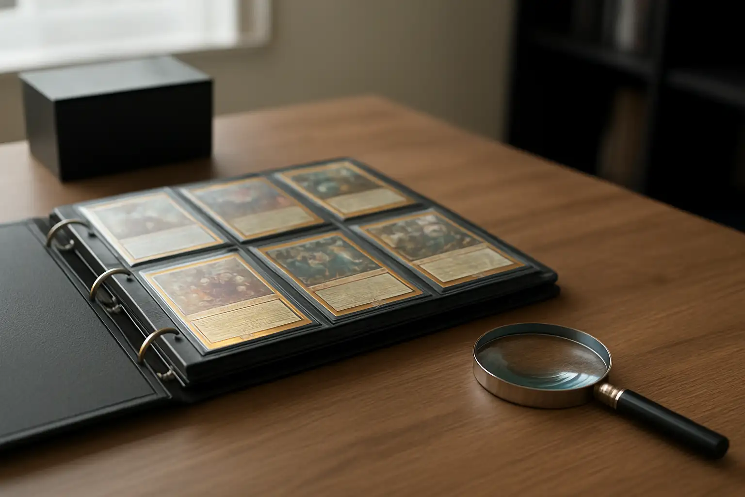 Classeur de cartes de collection avec cartes dorées sur un bureau de collectionneur gaming
