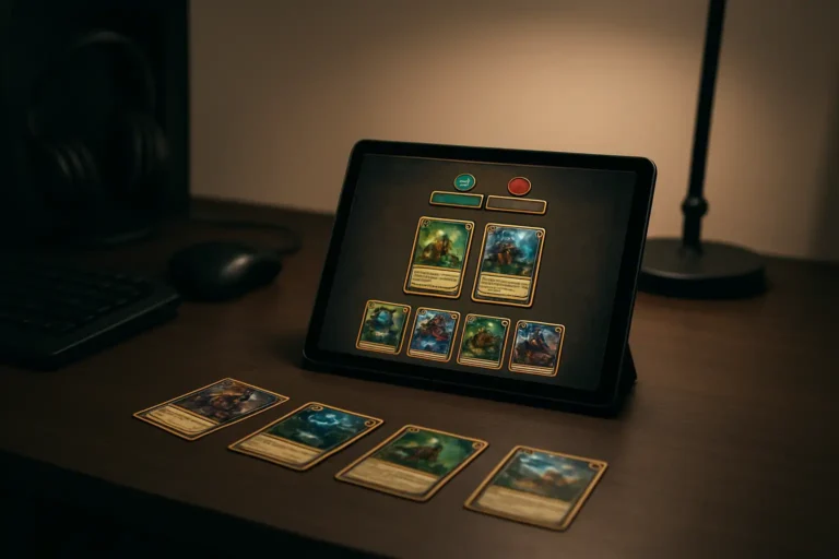 Bureau gaming avec un deck de cartes et un écran de jeu de cartes à collectionner