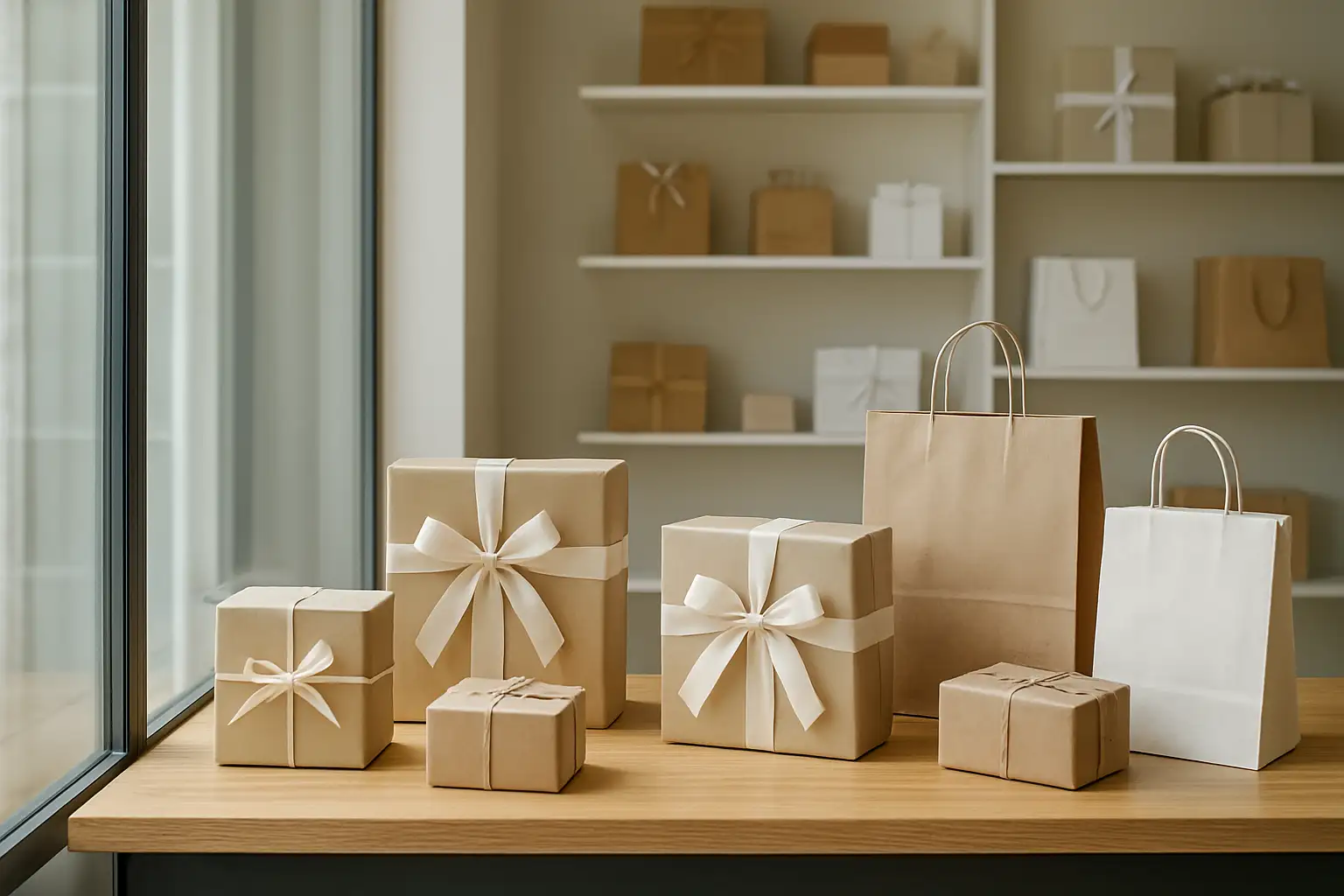 Vitrine ou comptoir d’une enseigne de cadeaux appelée Poz Cadeau, dans un contexte commercial sobre et réaliste