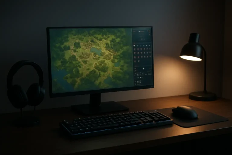 Bureau de joueur avec écran affichant une carte de jeu fantasy pour illustrer le Royaume d’encre Dofus