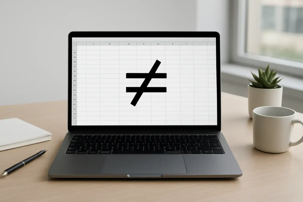 Bureau avec ordinateur portable et clavier pour illustrer le signe différent au clavier et dans Excel