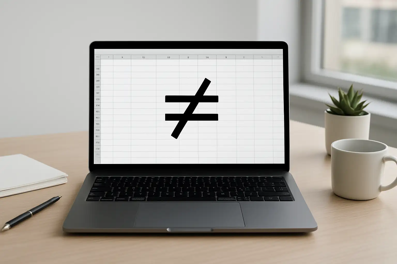 Bureau avec ordinateur portable et clavier pour illustrer le signe différent au clavier et dans Excel