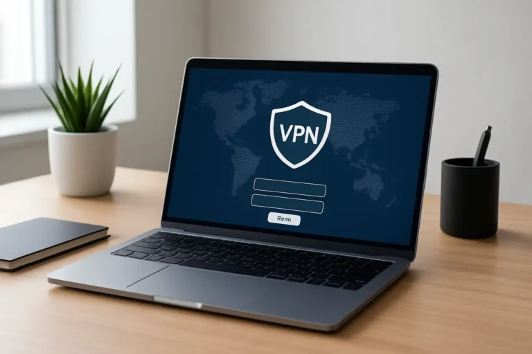 Ordinateur portable affichant une interface VPN générique sur un bureau informatique