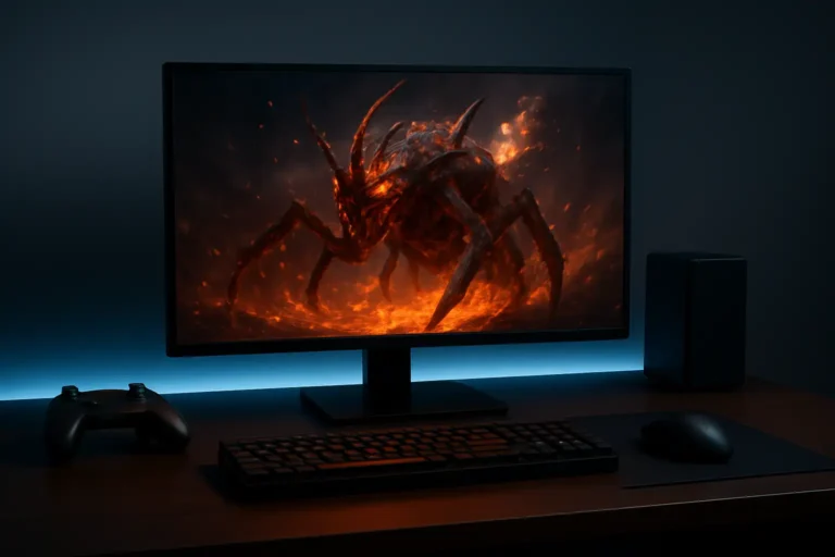 Bureau gaming avec écran montrant une créature de type insecte et feu, en lien avec Brutapode