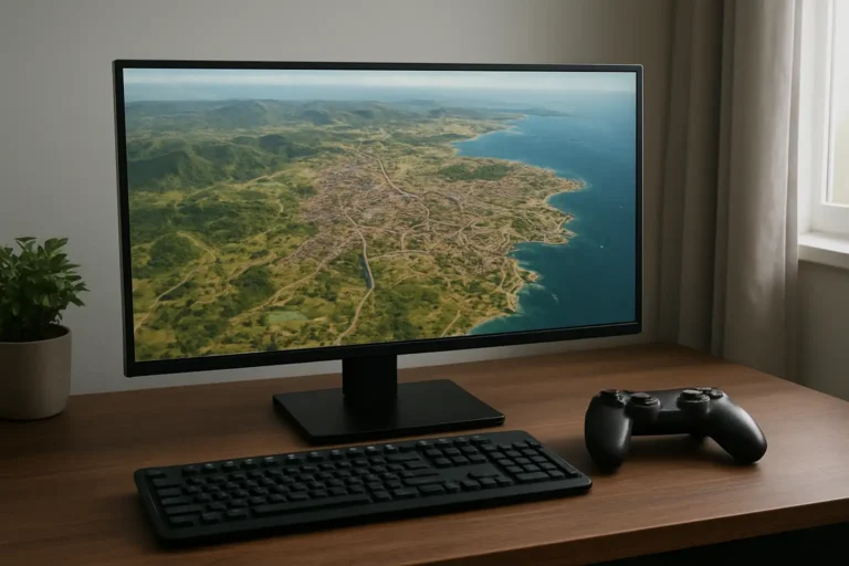 Écran de jeu affichant une carte de monde ouvert avec un setup gaming sobre