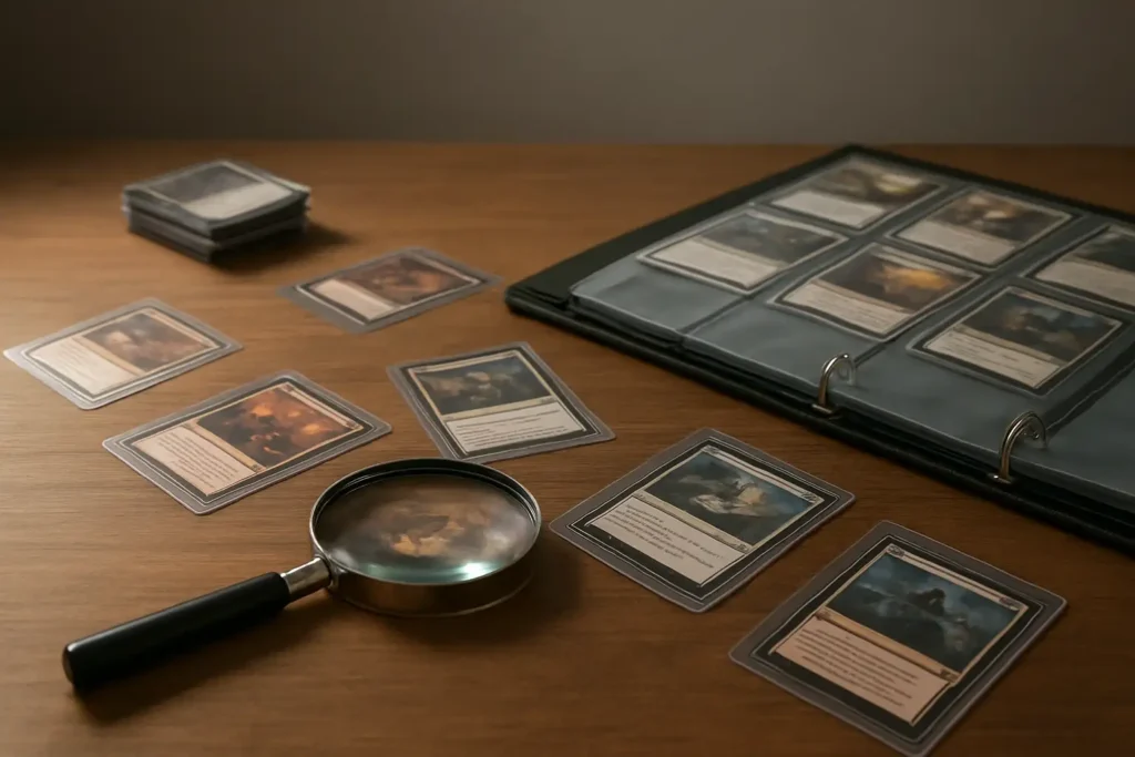 Cartes Pokémon rares protégées dans des sleeves avec une loupe sur une table de collectionneur