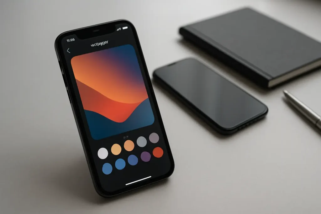 iPhone posé sur un bureau avec l’écran de personnalisation du fond d’écran