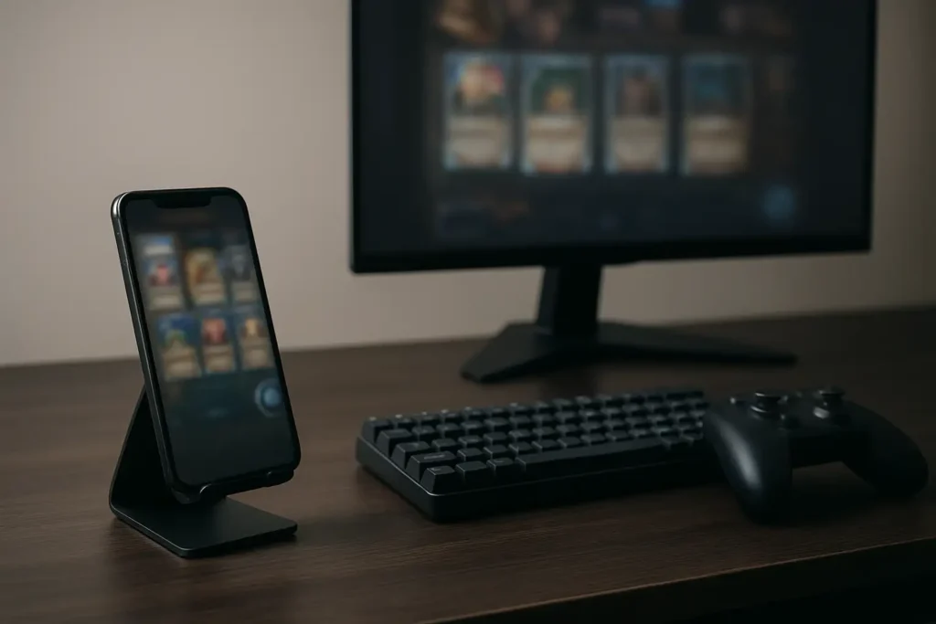Bureau gaming avec smartphone et écran flou illustrant un code Pokémon TCG Pocket
