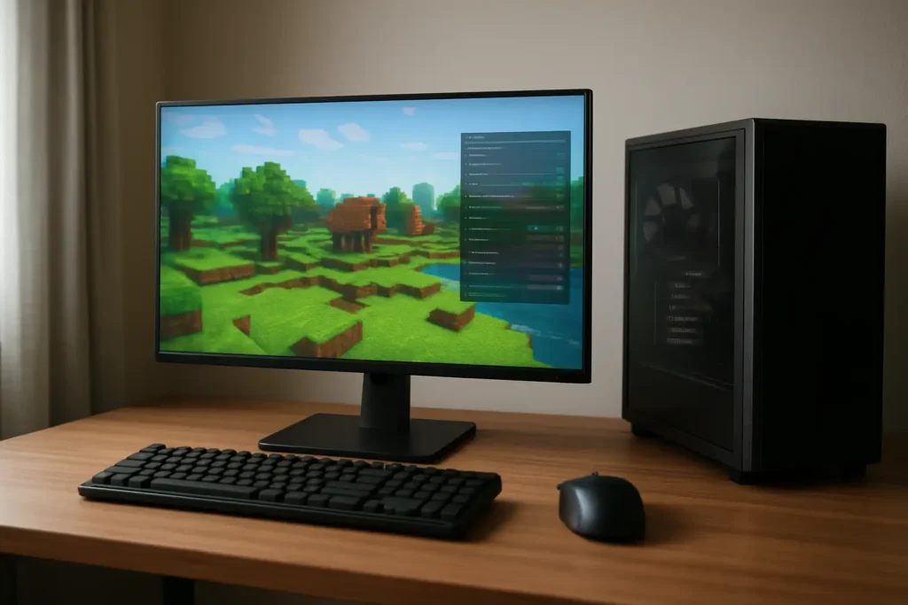 Bureau gaming avec écran affichant les paramètres d’un serveur et d’un monde voxel pour retrouver une seed Minecraft