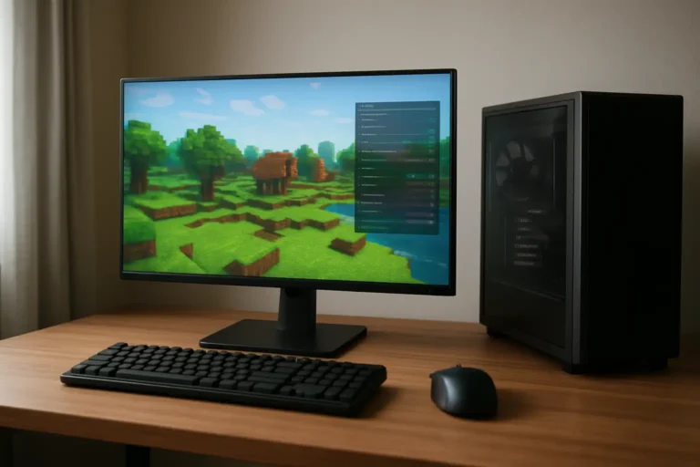 Bureau gaming avec écran affichant les paramètres d’un serveur et d’un monde voxel pour retrouver une seed Minecraft