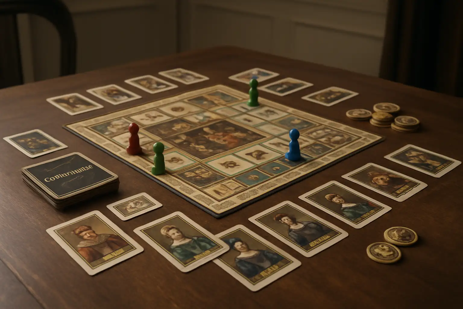 Table de jeu de stratégie Courtisans avec cartes et pions sur une table