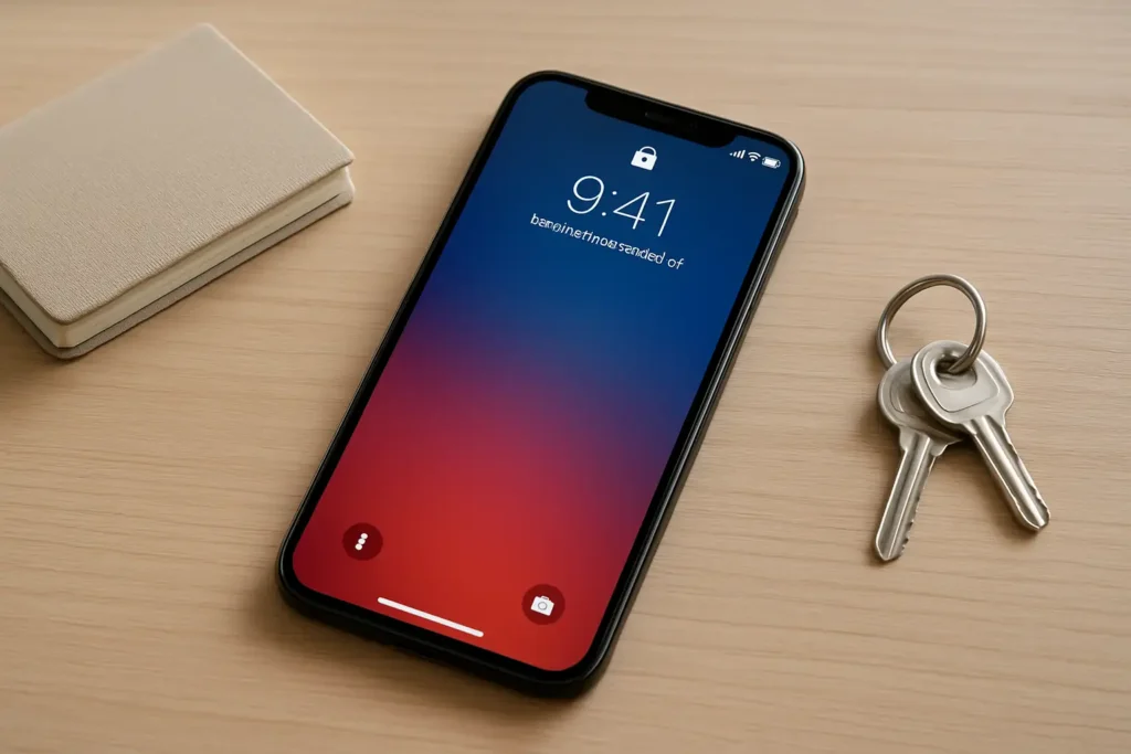 iPhone trouvé posé sur une table avec écran verrouillé, illustrant les étapes pour le débloquer