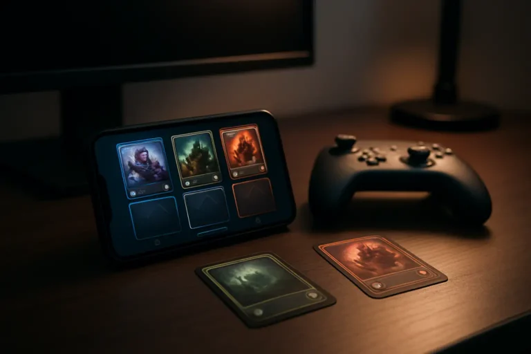 Bureau gaming avec smartphone et interface de collection de cartes pour un échange Pokémon TCG Pocket