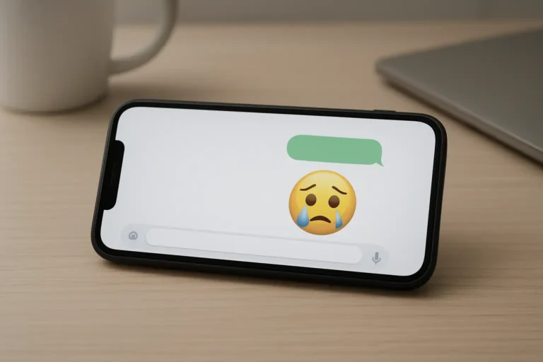 Écran de smartphone montrant un emoji pleure dans une conversation de messagerie