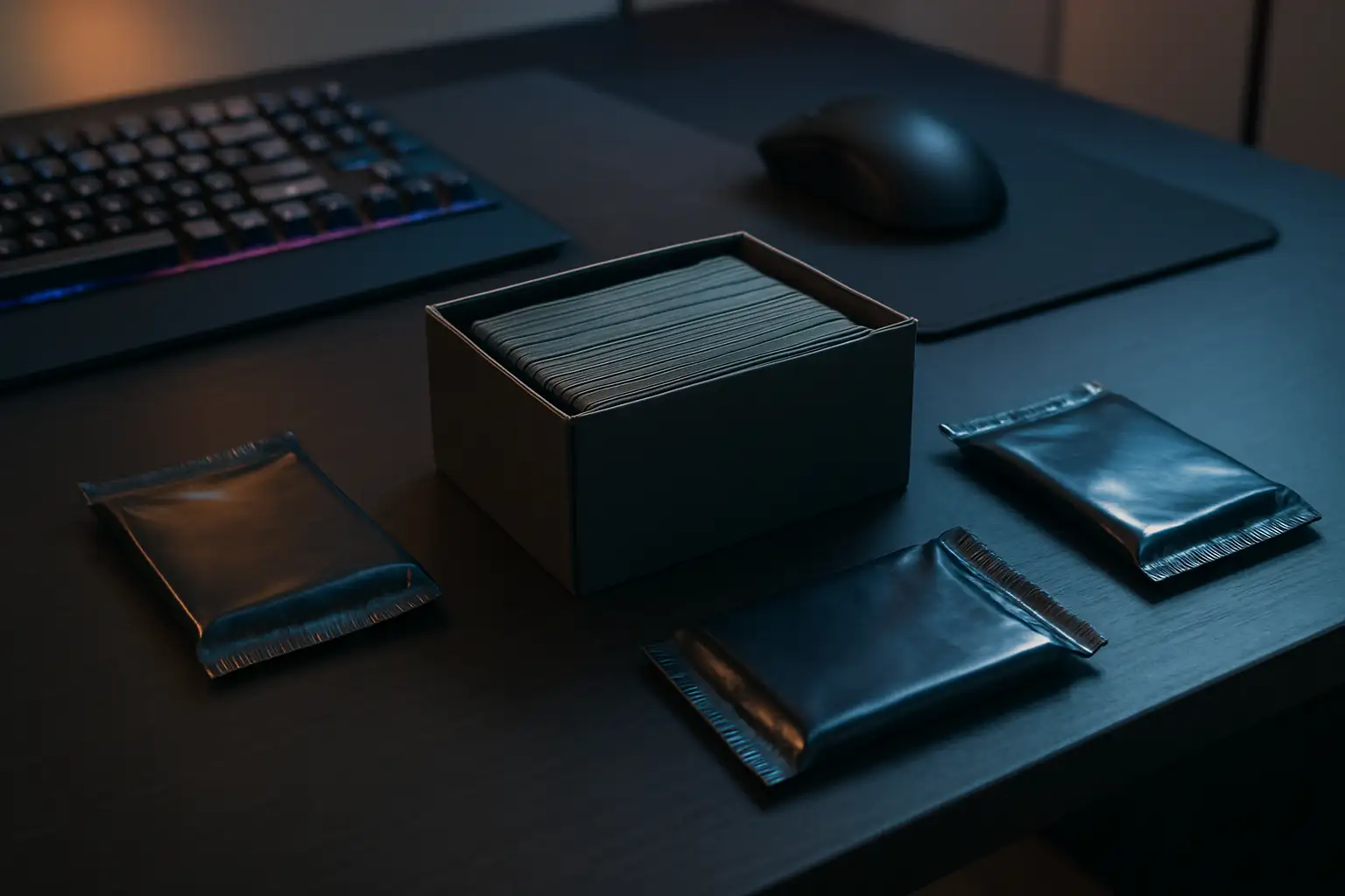 Coffret de cartes à collectionner posé sur un bureau gaming, illustrant une ETB 151