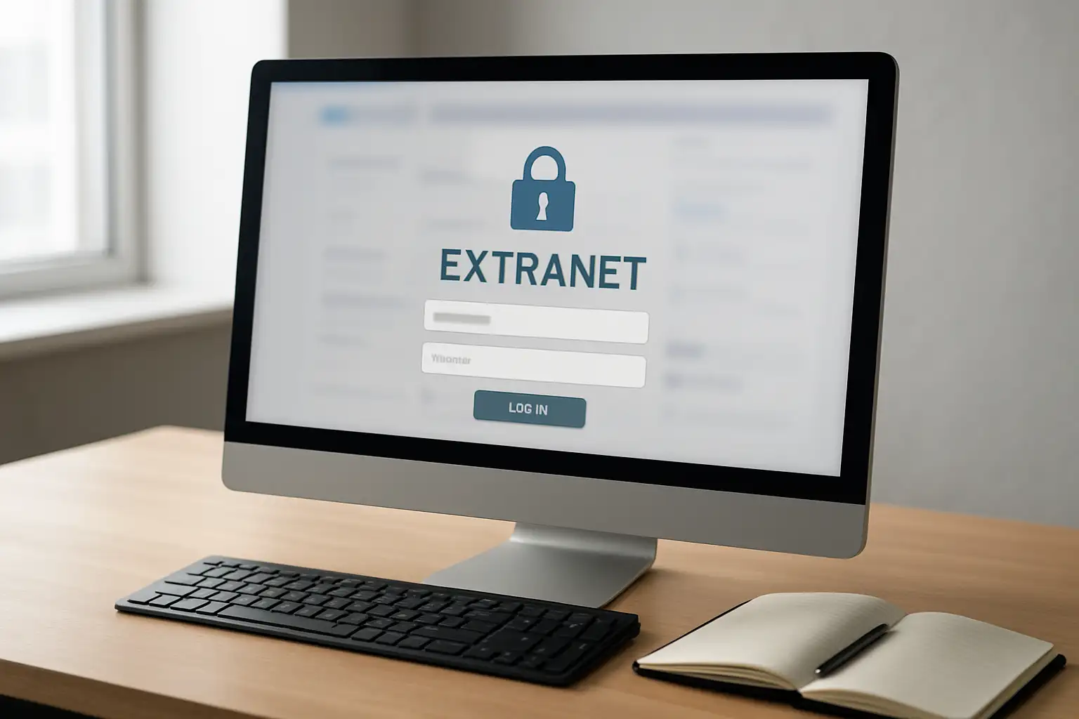 Écran d’ordinateur montrant un portail extranet sécurisé dans un bureau moderne