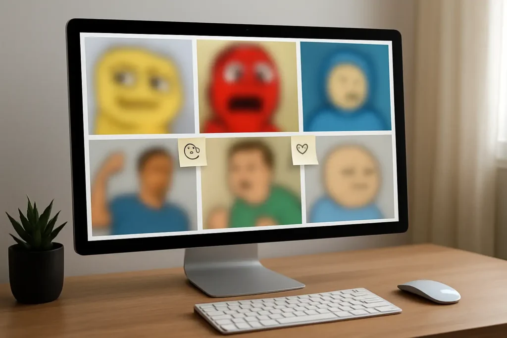 Écran d’ordinateur affichant des exemples de memes et de visages de réaction sur Internet