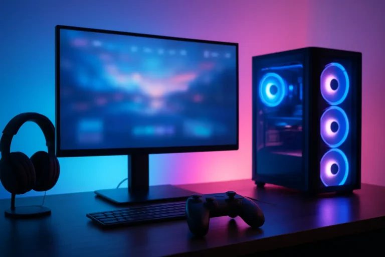 Bureau gaming moderne avec écran de jeu flou et manette générique, en lien avec Floette et son univers Pokémon