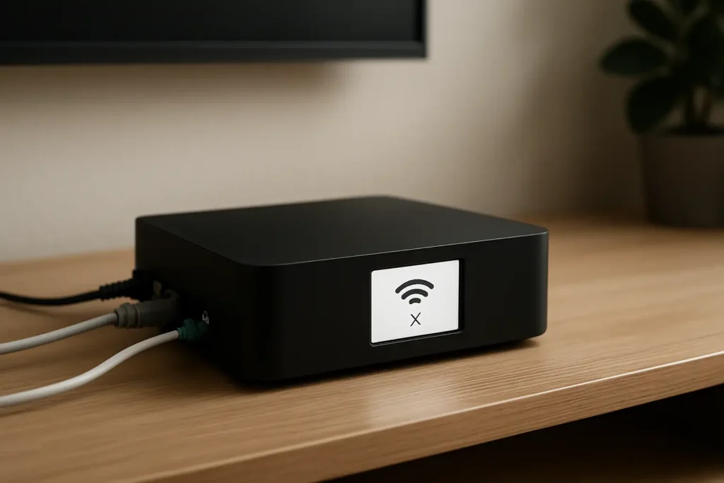 Freebox bloquée à l’étape 3 sur un meuble avec câbles réseau et fibre