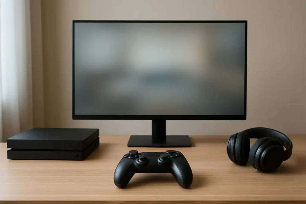 Setup gaming sobre avec console et manette génériques, en lien avec gra5 ps4