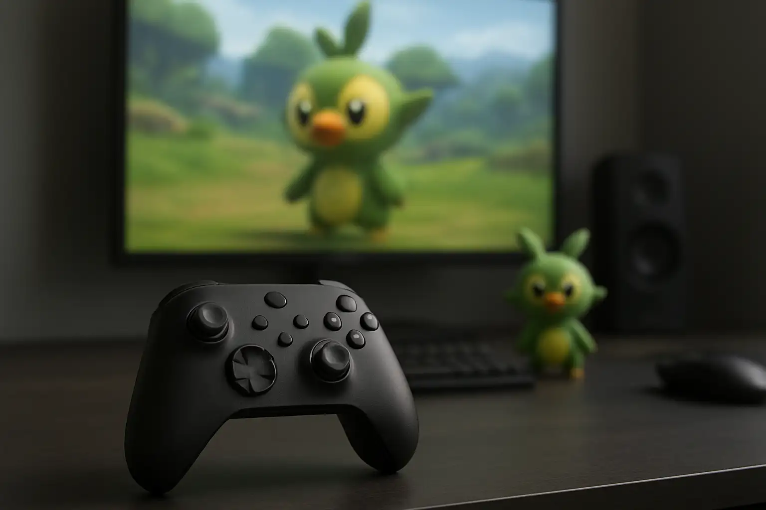 Setup gaming réaliste évoquant Insecateur et l’univers Pokémon, avec manette et écran flou