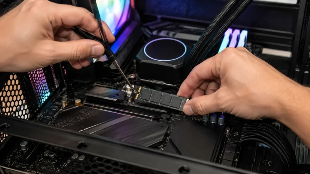 Installation d’un SSD NVMe sur la carte mère d’un PC gaming.