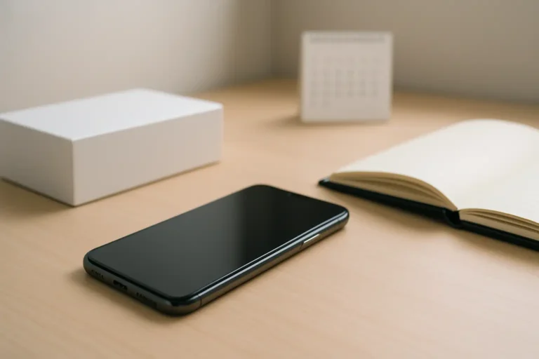 Smartphone moderne posé sur un bureau avec un calendrier en arrière-plan pour illustrer la date de sortie de l’iPhone 13