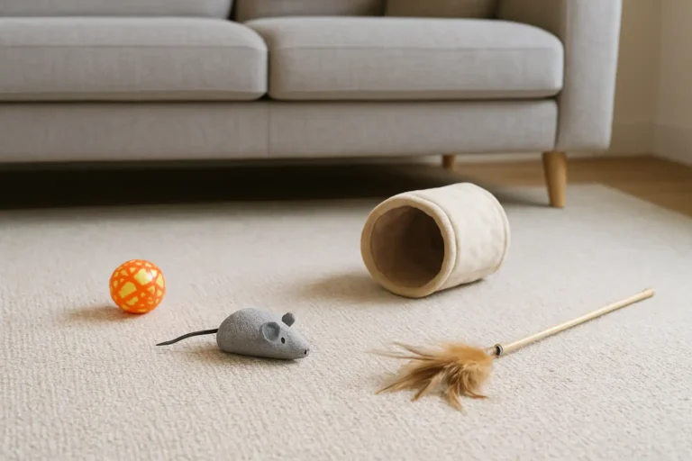 Jouets pour chat disposés dans un salon pour illustrer un jeu chat