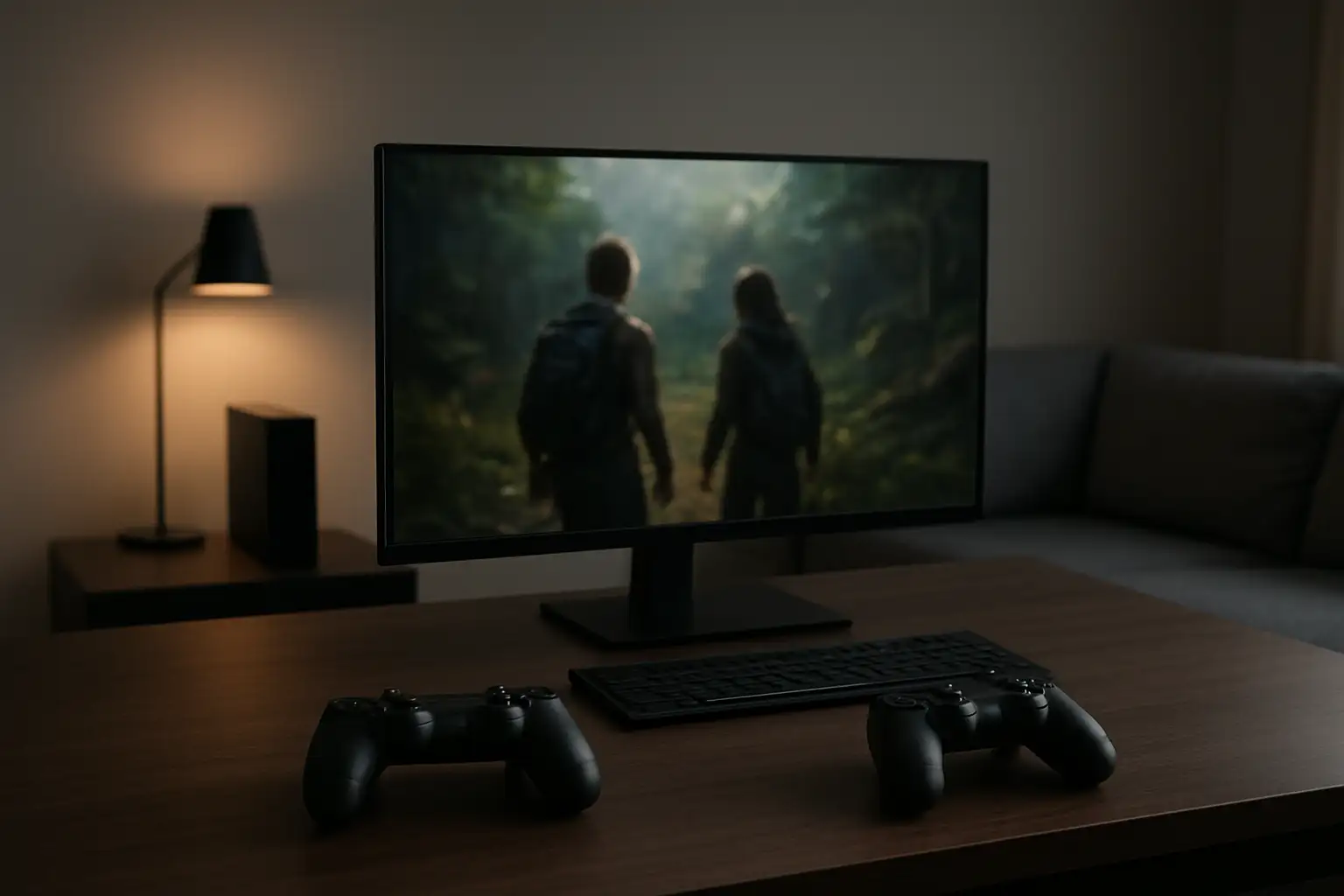 Setup gaming moderne illustrant un jeu coopératif avec deux manettes et un écran de jeu flou