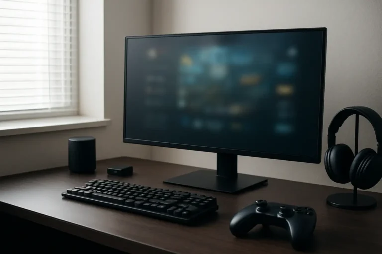 Bureau gaming avec écran affichant une interface de jeu floue, manette et clavier sur fond sobre