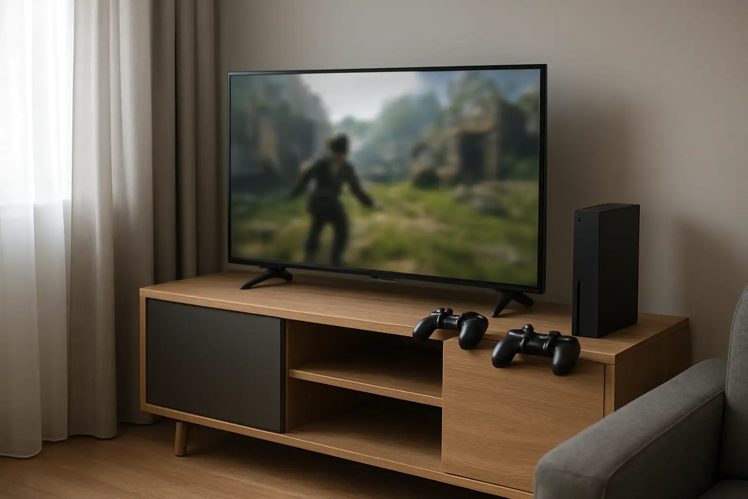 Salon moderne avec console et deux manettes pour illustrer les jeux coop PS5