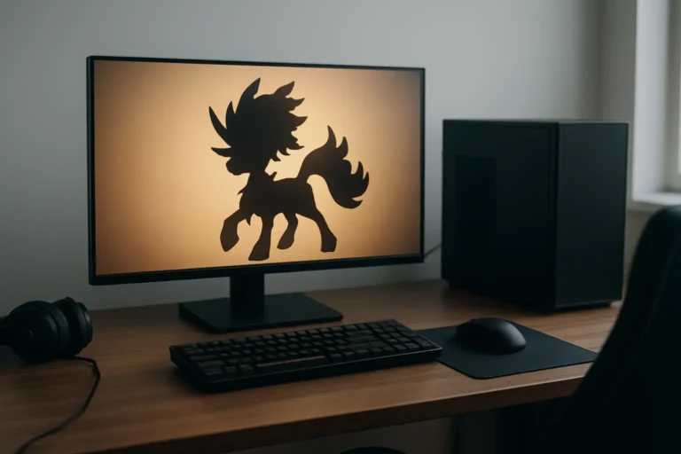 Bureau gaming moderne avec écran illustrant un univers de créature fantastique, en lien avec Keldeo et sa forme shiny