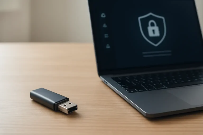 Clé USB de démarrage avec ordinateur portable affichant un système Linux axé sur la confidentialité