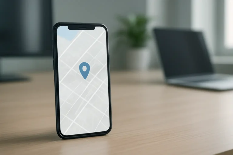 Smartphone avec interface de localisation sur un bureau, illustration du fait de localiser un numéro de téléphone