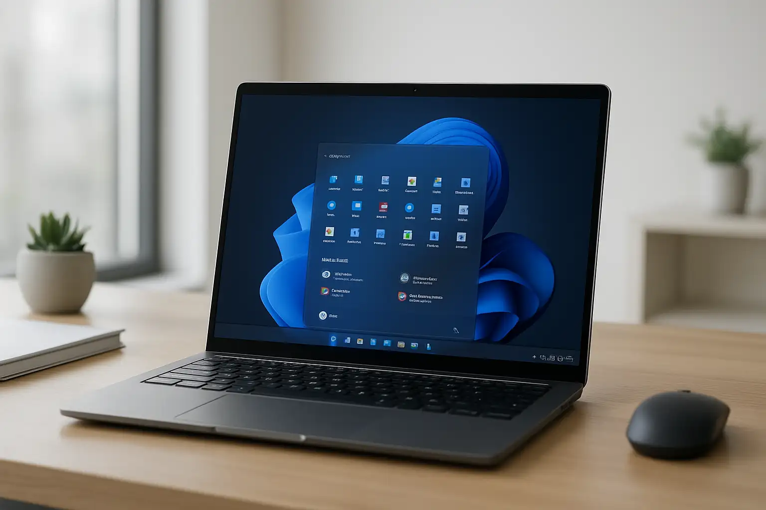 Ordinateur affichant un menu démarrer transparent sur Windows 11 dans un bureau moderne