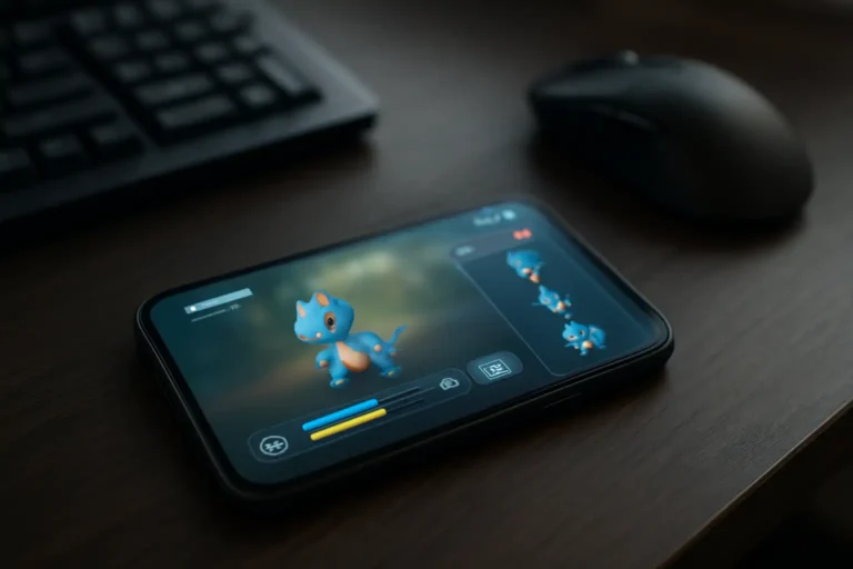 Smartphone affichant un jeu mobile de capture de créatures avec une fiche d’évolution consultée sur un bureau gaming