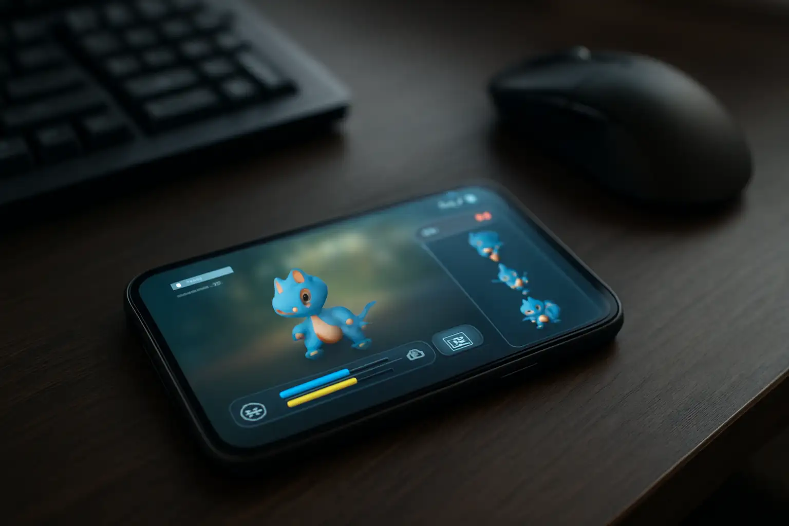 Smartphone affichant un jeu mobile de capture de créatures avec une fiche d’évolution consultée sur un bureau gaming