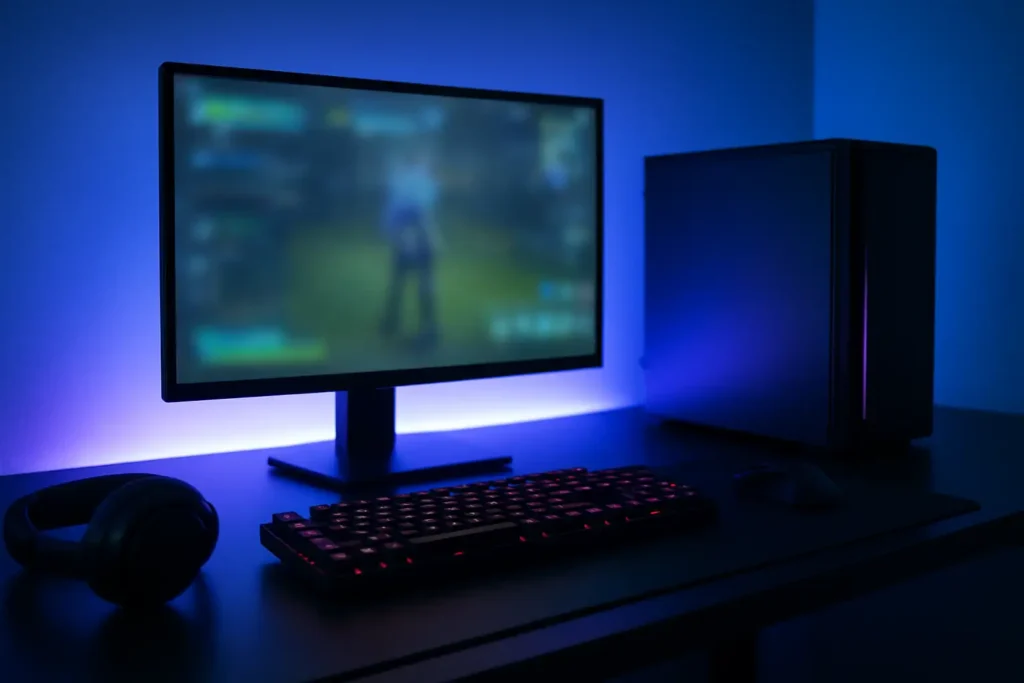Bureau gaming moderne avec écran de jeu flou illustrant un article sur nigirigon, sa forme shiny et une éventuelle méga évolution