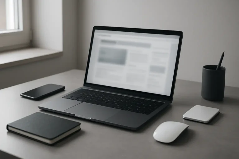 Bureau high-tech moderne avec ordinateur portable et smartphone, illustration contextuelle pour l’article sur noeo
