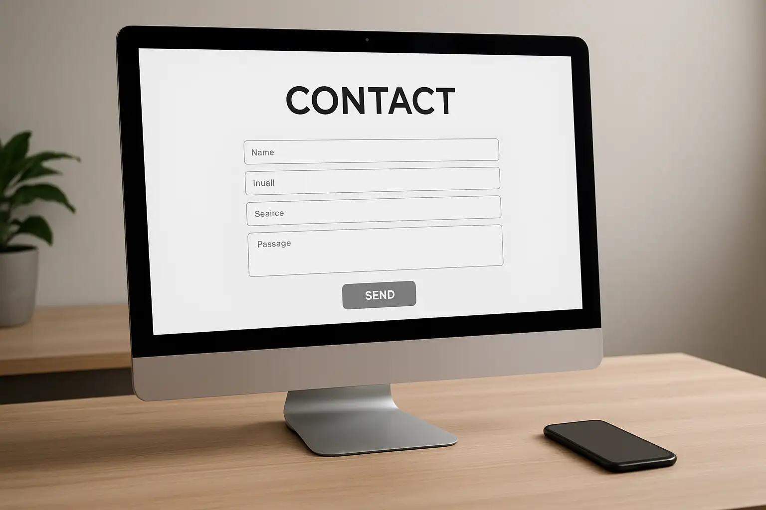 Bureau avec écran affichant une page de contact générique et téléphone à côté pour illustrer la recherche du num de tel Jetabl