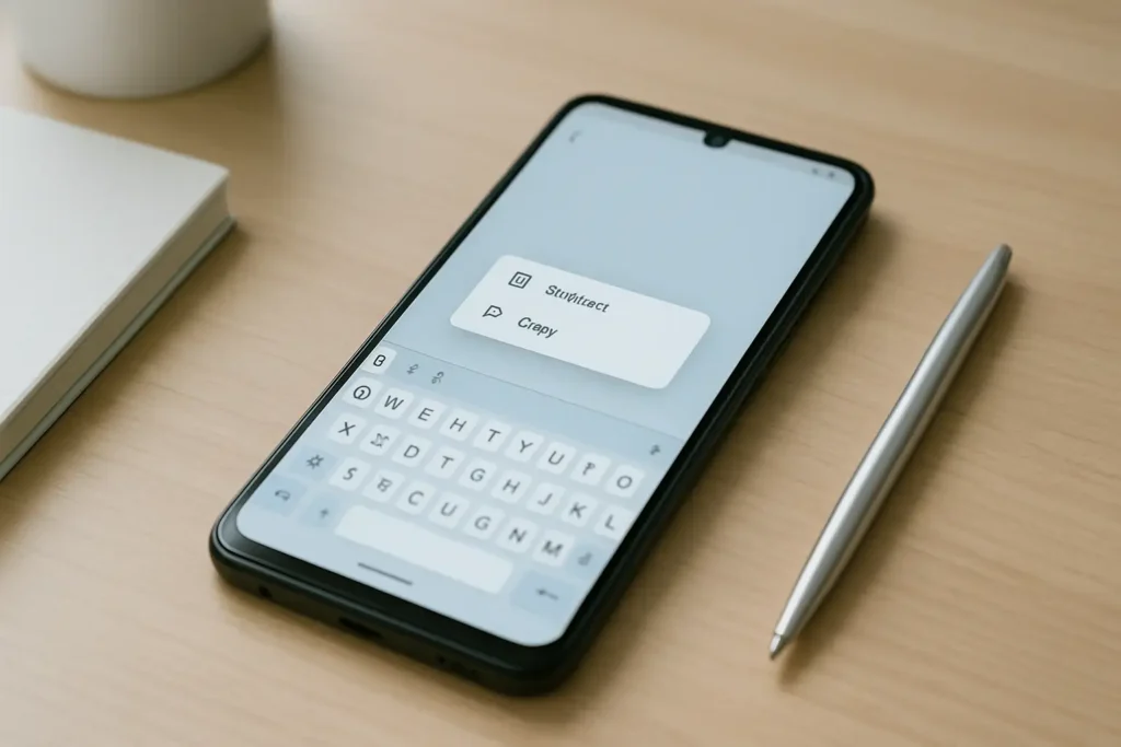 Smartphone Android affichant le presse-papiers et les options de copier-coller sur un bureau