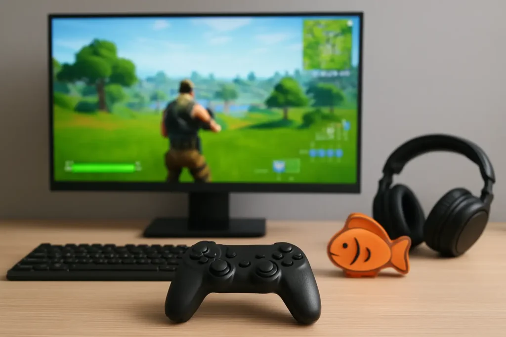 Setup gaming avec écran de battle royale flou et objet de soin inspiré du poisson Fortnite