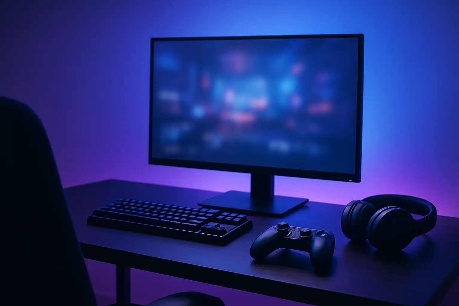 Bureau gaming moderne avec écran, clavier et manette dans une ambiance sobre liée à Pokémon Ronflex