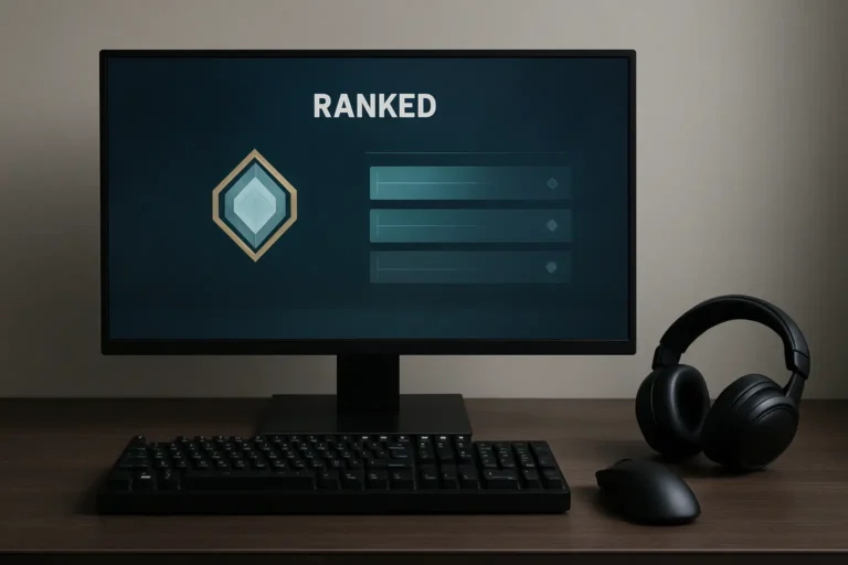 Bureau gaming avec écran affichant un classement compétitif de jeu vidéo pour illustrer les rangs Valorant