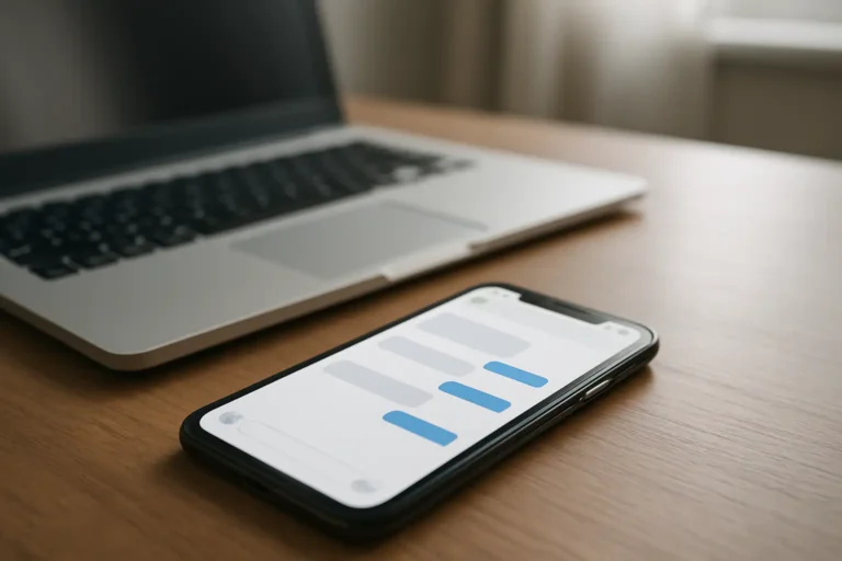 Smartphone sur un bureau montrant une application de messagerie générique, illustrant la récupération d’une conversation WhatsApp supprimée sans sauvegarde
