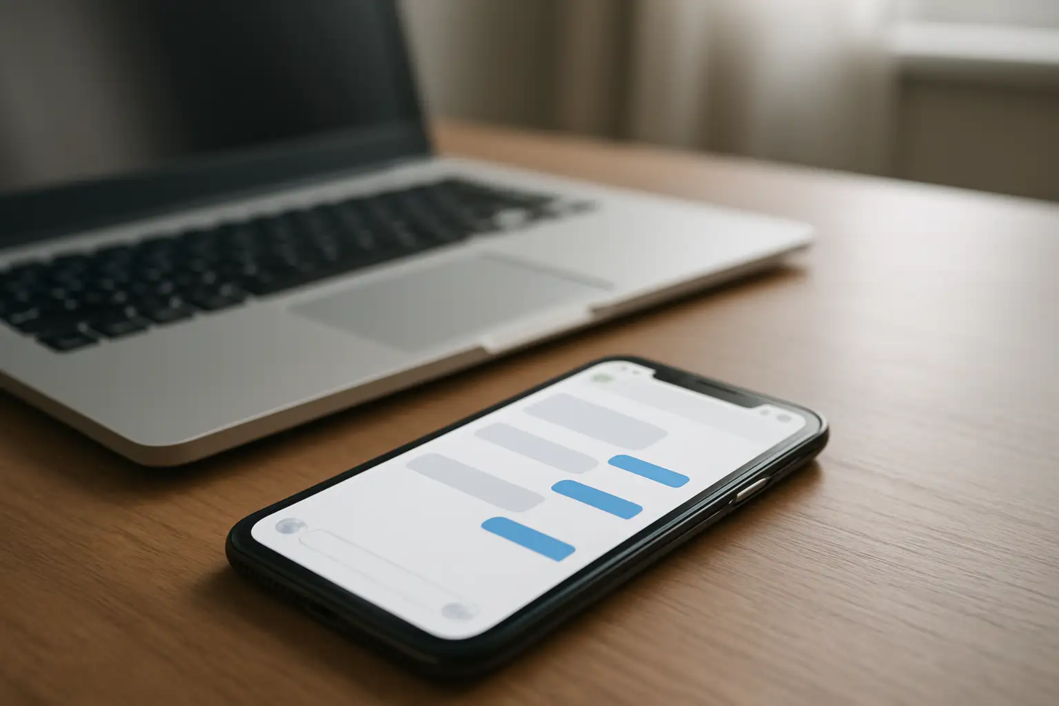 Smartphone sur un bureau montrant une application de messagerie générique, illustrant la récupération d’une conversation WhatsApp supprimée sans sauvegarde
