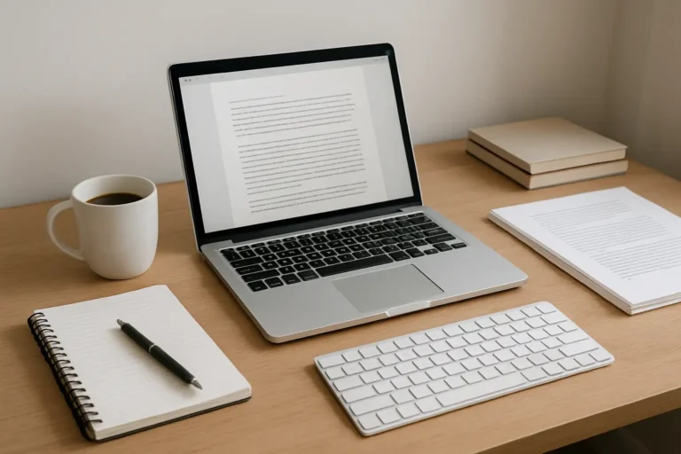 Bureau de rédacteur web avec ordinateur portable et notes de travail