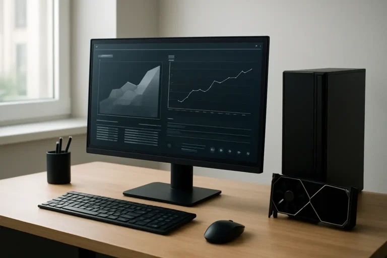 Bureau high-tech avec écran affichant un résultat de performance Nvidia et une carte graphique