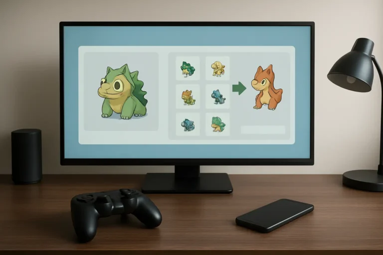 Bureau gaming avec écran affichant une interface de collection et d’évolution de créatures, en lien avec Sepiatop
