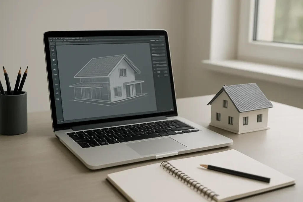 Bureau avec ordinateur affichant un logiciel de modélisation 3D générique pour SketchUp freeware